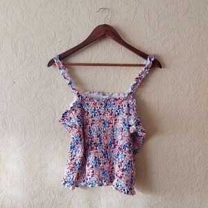 Old Navy smocked red blue floral tank top Sz XL